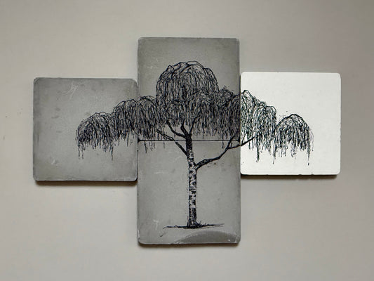 Weeping Tree Triptych – Original Ink Drawing on Cement Tiles