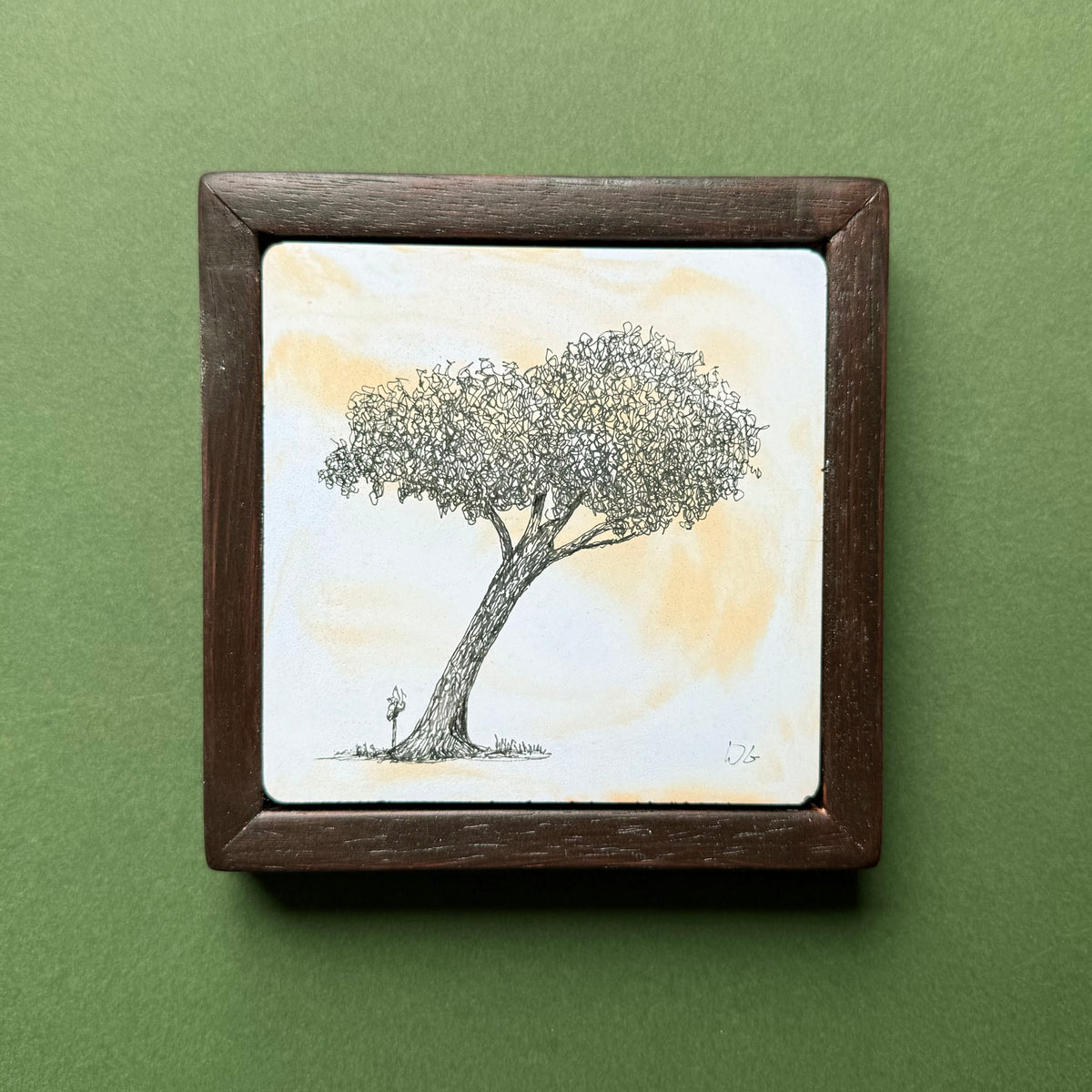Original black ink drawing of a Hackney tree with a curved trunk and broad, densely detailed canopy. Drawn on hand-cast pigmented Portland cement with soft orange and pale blue tones, presented in a dark wooden frame against a green background.
