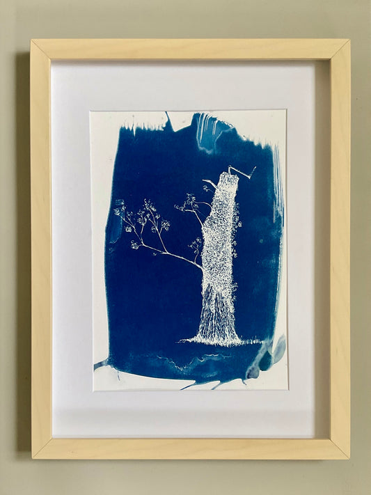 Original cyanotype print of a leaning tree and cow parsley in rich blue tones on A4 paper, unframed.