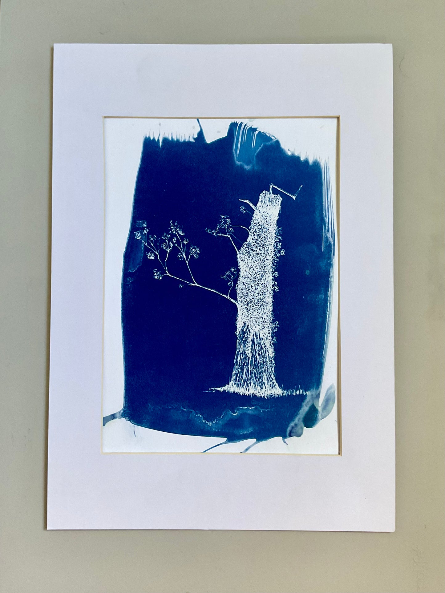 Original cyanotype print of a leaning tree and cow parsley in rich blue tones on A4 paper, unframed.