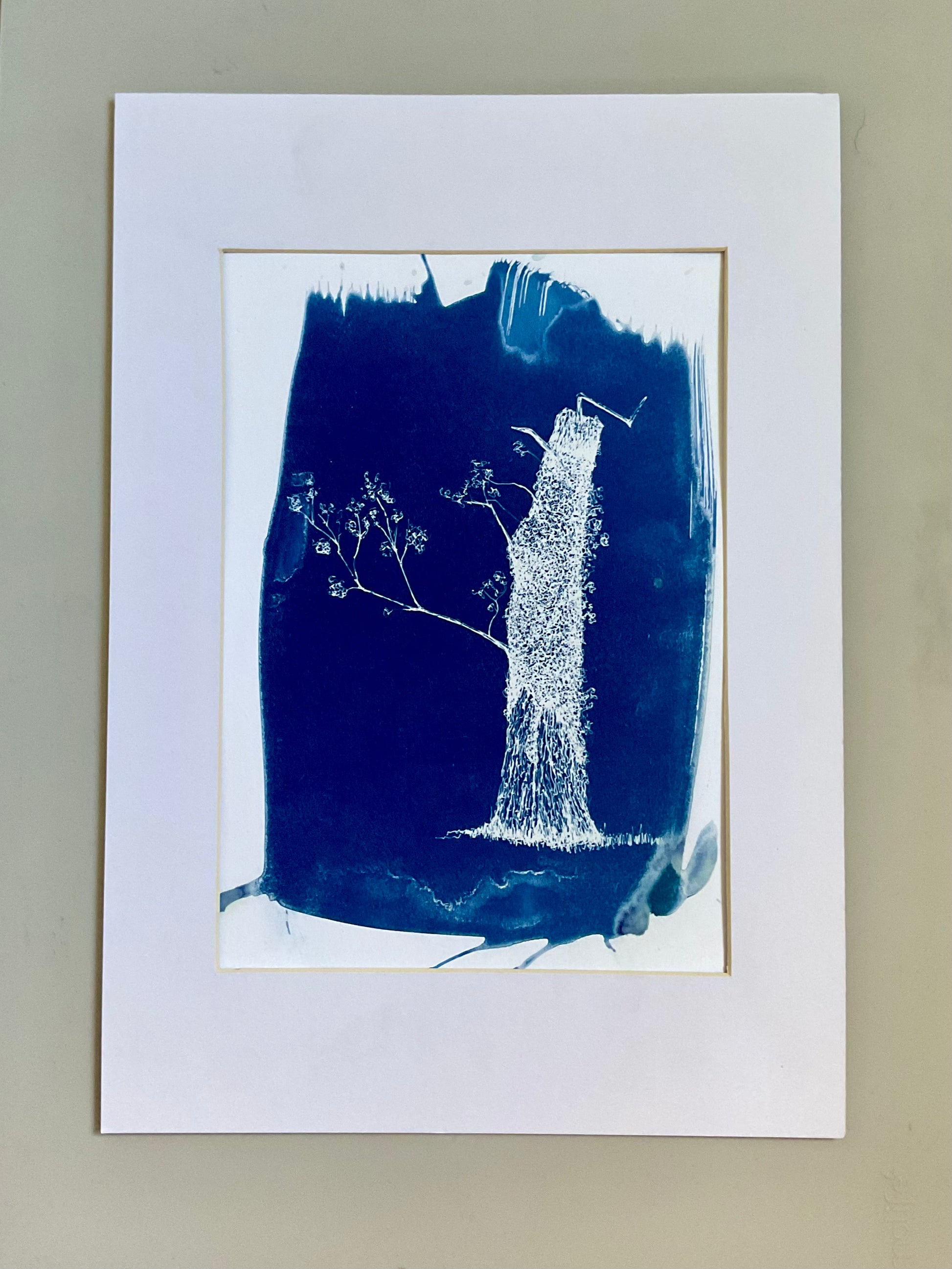 Original cyanotype print of a leaning tree and cow parsley in rich blue tones on A4 paper, unframed.
