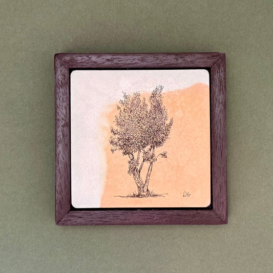 Original ink drawing of the Beacon Hill tree in the Lickey Hills on a hand-cast cement tile with warm terracotta marbling, framed in a bespoke dark wooden frame by Birmingham artist Warren Garland.