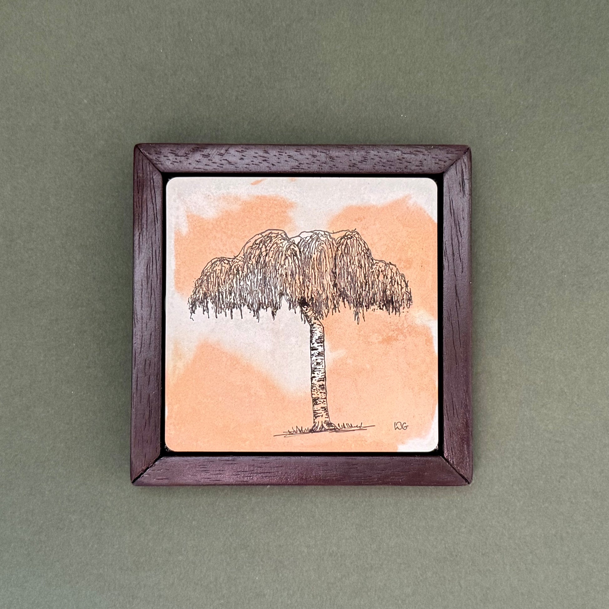 Original ink drawing of a willow tree beside Lichfield Cathedral on a hand-cast cement tile with warm terracotta marbling, framed in a bespoke dark wooden frame by Birmingham artist Warren Garland.