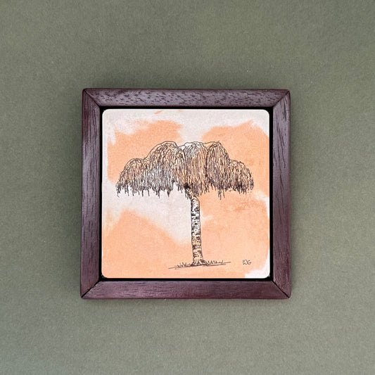 Original ink drawing of a willow tree beside Lichfield Cathedral on a hand-cast cement tile with warm terracotta marbling, framed in a bespoke dark wooden frame by Birmingham artist Warren Garland.