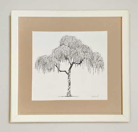 Framed artwork of a willow tree on a plain background